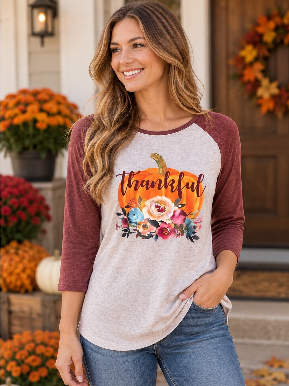 NWT Southern Stitch Thankful Raglan Burgundy and Gray Top w/ floral pumpkin